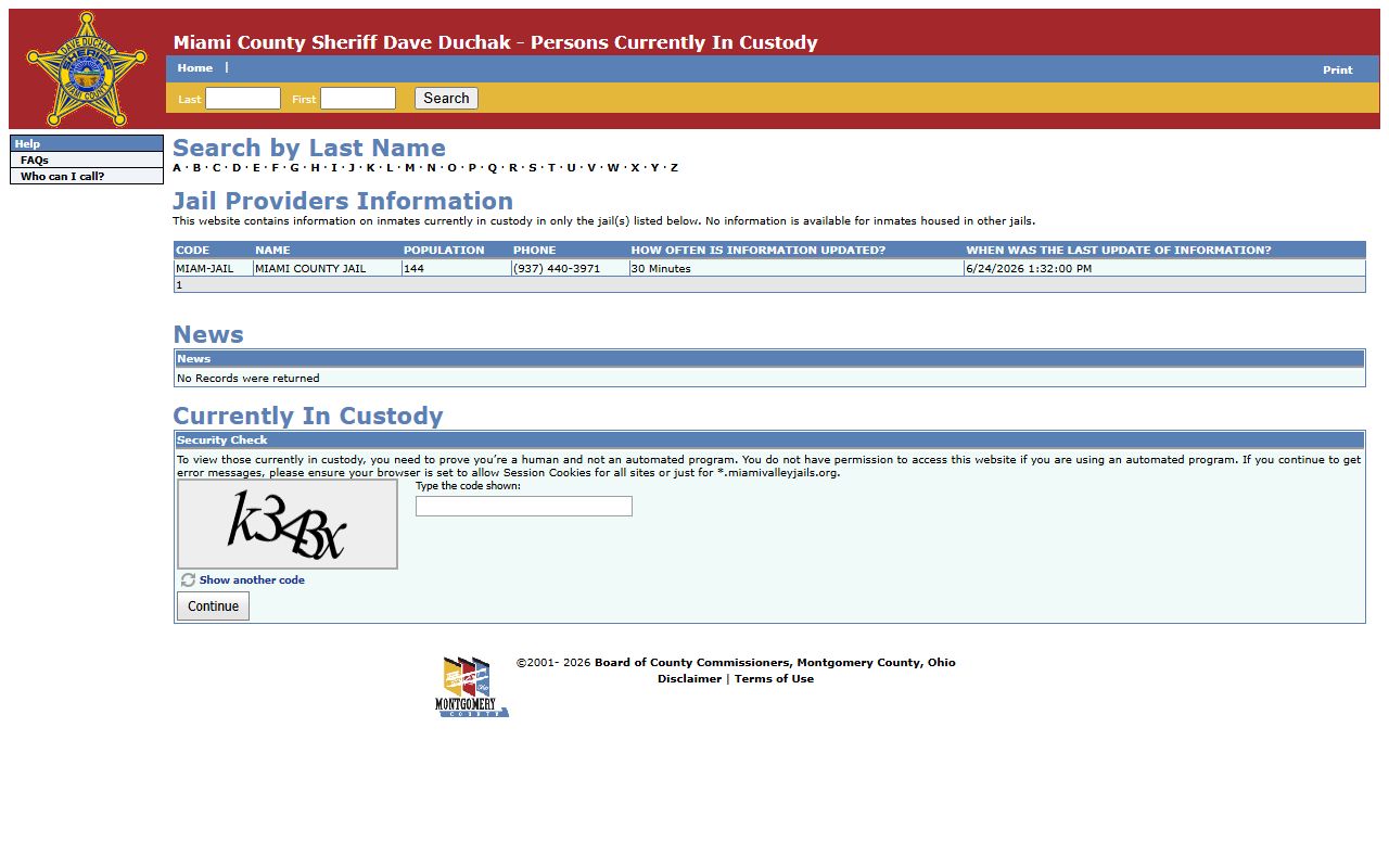 Miami County Jail roster search and current custody provider table